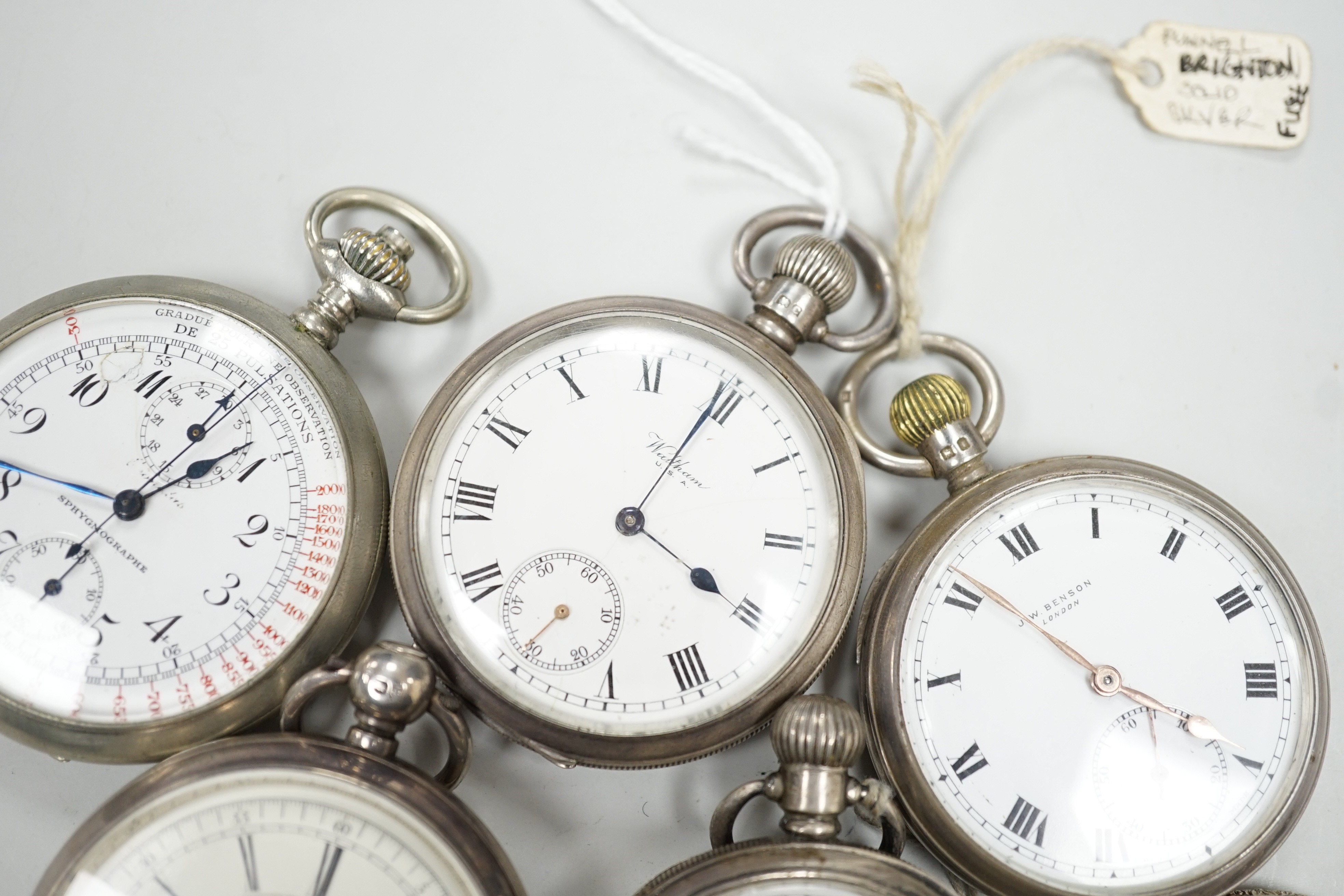 Four assorted silver open faced pocket watches including two Waltham and a J.W. Benson and two other base metal pocket watches.